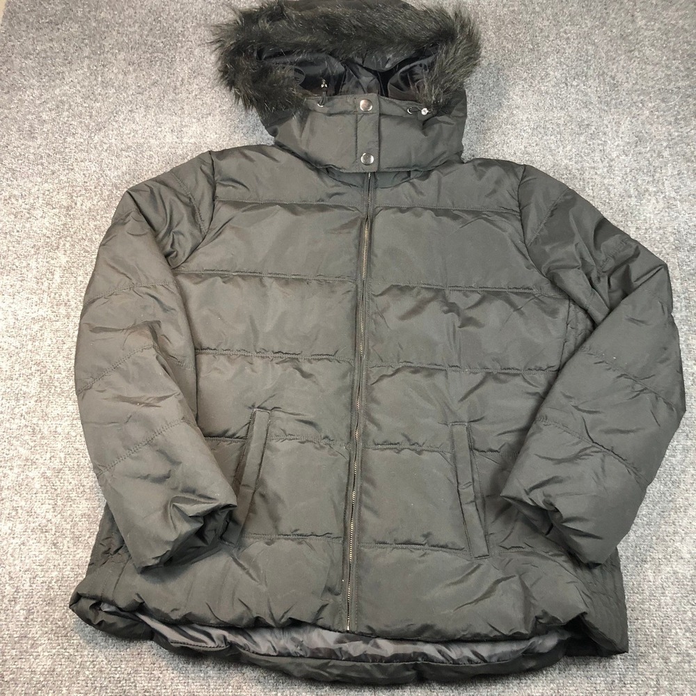 Old Navy Womens Size XXL Black Puffer Jacket‎ Faux Fur Trim Hooded Quilted Coat